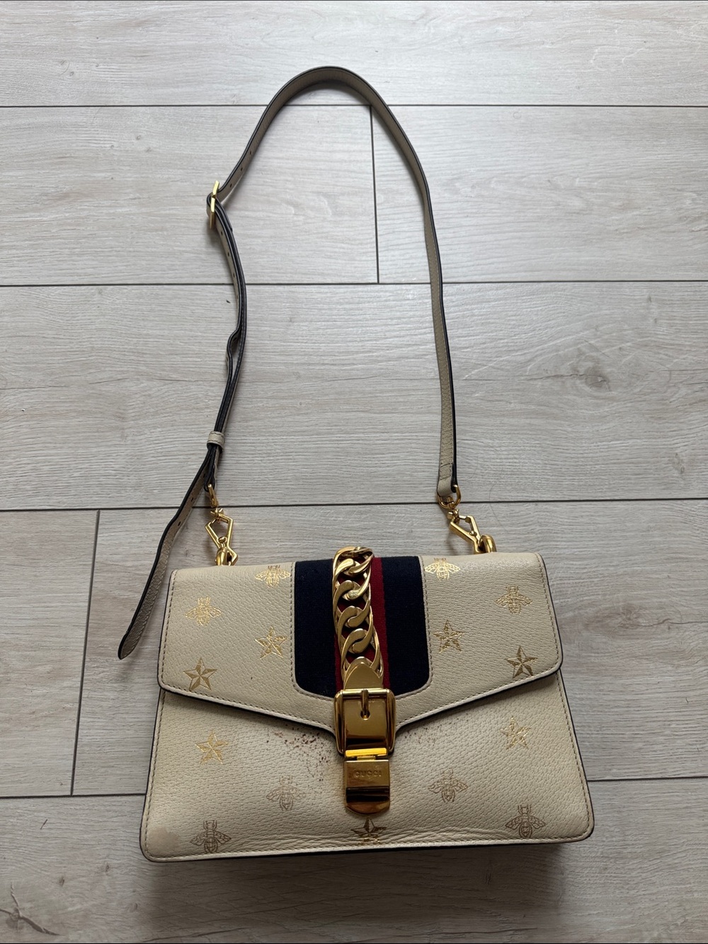 Gucci Sylvie Beige Leather Shoulder Bag with Navy and Red Web Stripe